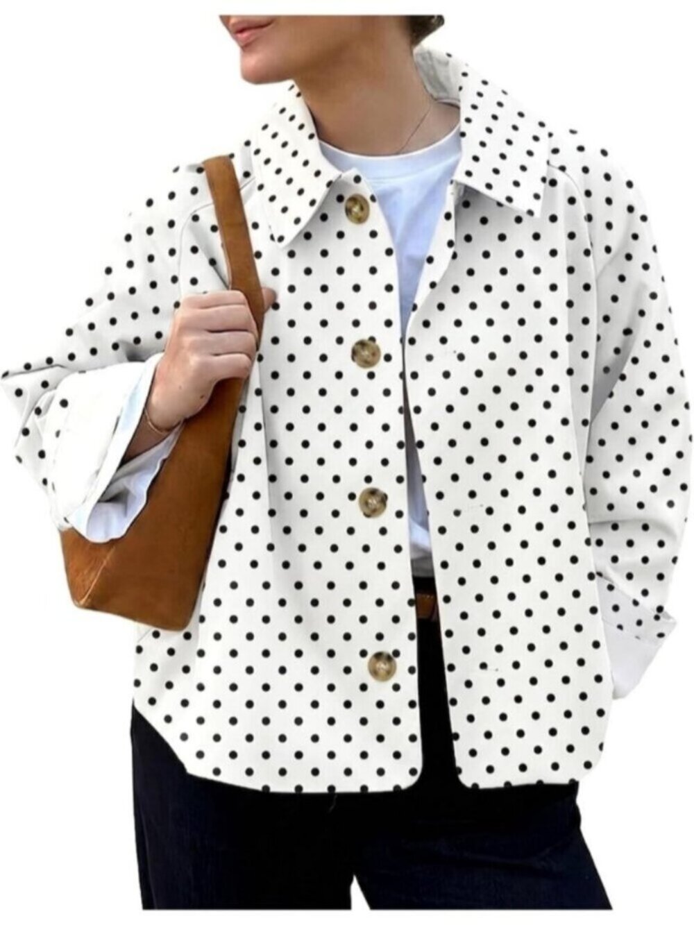 Women White Cropped Polka Dots Button Front Single Breasted Lining Trench Coat